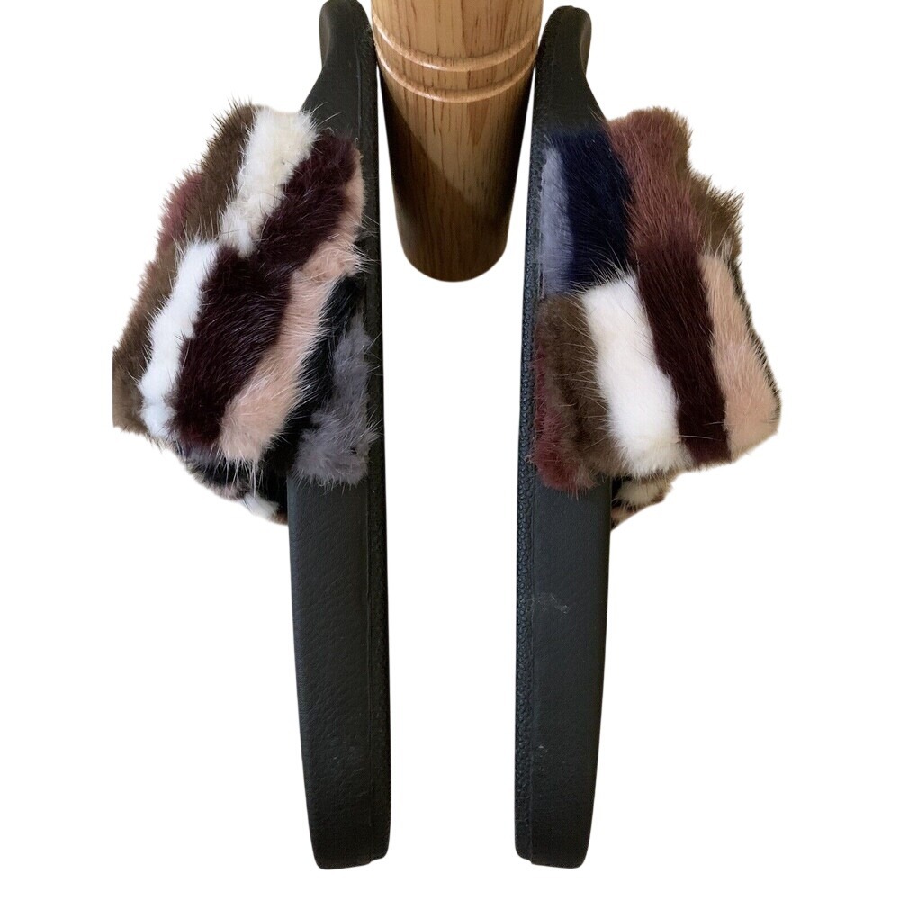 Rebecca Minkoff Slide Sandals Womens 10 Multi Color Faux Fur‎ Striped Plush - Picture 5 of 8